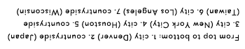 From top to bottom: 1. city (Denver) 2. countryside (Japan) 3. city (New York City) 4. city (Houston) 5. countryside (Taiwan) 6. city (Los Angeles) 7. countryside (Wisconsin)